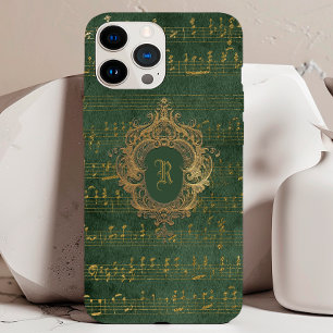 Vintage Monogram Crest Music Manuscript Green Gold iPhone 15 Case