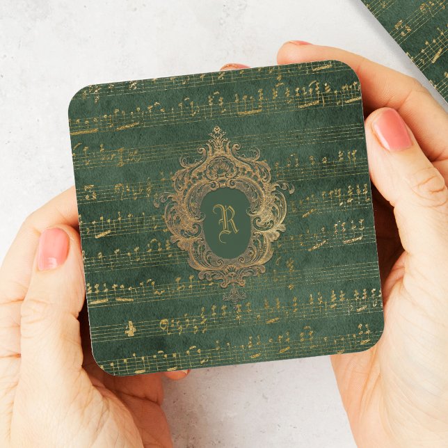 Vintage Monogram Crest Music Manuscript Green Gold Coaster (Creator Uploaded)
