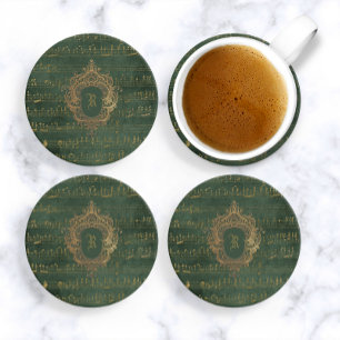 Vintage Monogram Crest Music Manuscript Green Gold Coaster