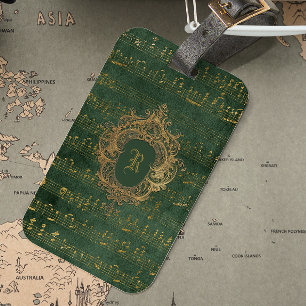 Vintage Monogram Crest Music Manuscript Green Gold Luggage Tag