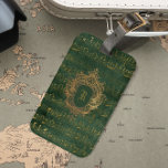 Vintage Monogram Crest Music Manuscript Green Gold Luggage Tag<br><div class="desc">This elegant vintage design features gold-coloured handwritten sheet music manuscript on a distressed dark emerald green and gold background. Personalize it with your monogram initial in Gothic font set off by an ornate antique gold crest frame.</div>