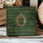 Vintage Monogram Crest Music Manuscript Green Gold Tile<br><div class="desc">This elegant vintage design features gold-coloured handwritten sheet music manuscript on a distressed dark emerald green and gold background. Personalize it with your monogram initial in Gothic font set off by an ornate antique gold crest frame.</div>