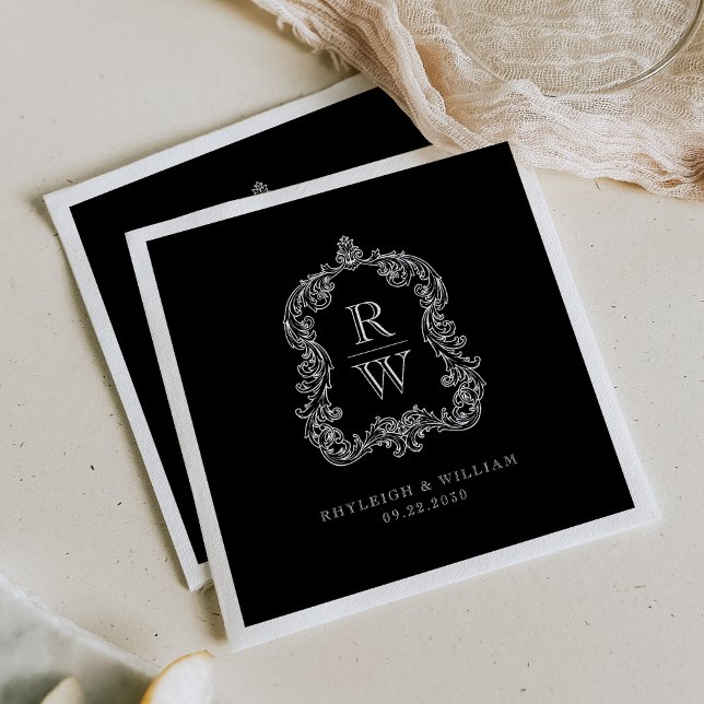 Vintage Monogram Crest Names Black White Wedding Napkin (Creator Uploaded)