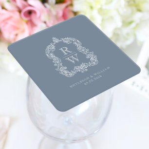 Vintage Monogram Crest Names Dusty Blue Wedding Square Paper Coaster