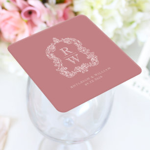 Vintage Monogram Crest Names Dusty Rose Wedding Square Paper Coaster