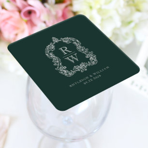 Vintage Monogram Crest Names Forest Green Wedding Square Paper Coaster