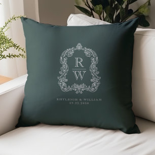 Vintage Monogram Crest Names Forest Green Wedding Throw Pillow