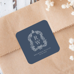 Vintage Monogram Crest Names Navy Blue Wedding Square Sticker