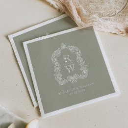 Vintage Monogram Crest Names Sage Green Wedding Napkin