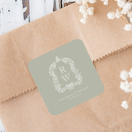 Vintage Monogram Crest Names Sage Green Wedding Square Sticker