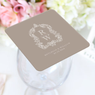 Vintage Monogram Crest Names Taupe Wedding Square Paper Coaster