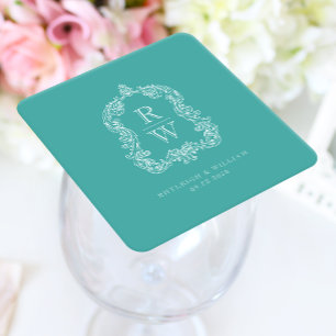 Vintage Monogram Crest Names Turquoise Wedding Square Paper Coaster