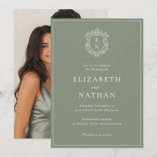Vintage Monogram Crest Sage Green Photo Wedding Invitation