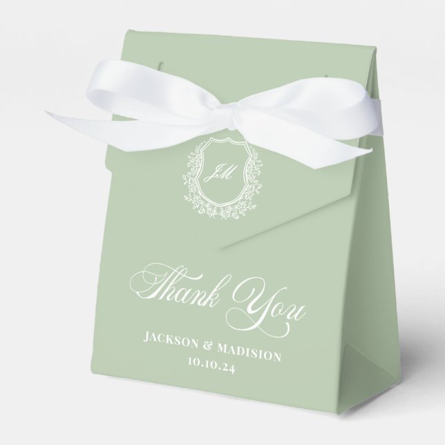 Vintage Monogram Crest Sage Green Wedding Favor Box (Front Side)