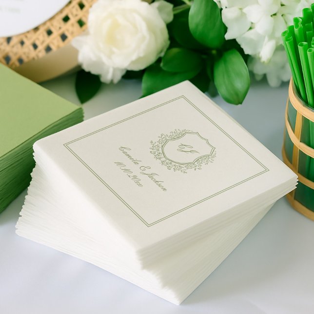 Vintage Monogram Crest Sage Green Wedding  Napkin (Creator Uploaded)