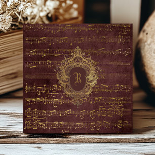 Vintage Monogram Crest Sheet Music Burgundy Gold Tile