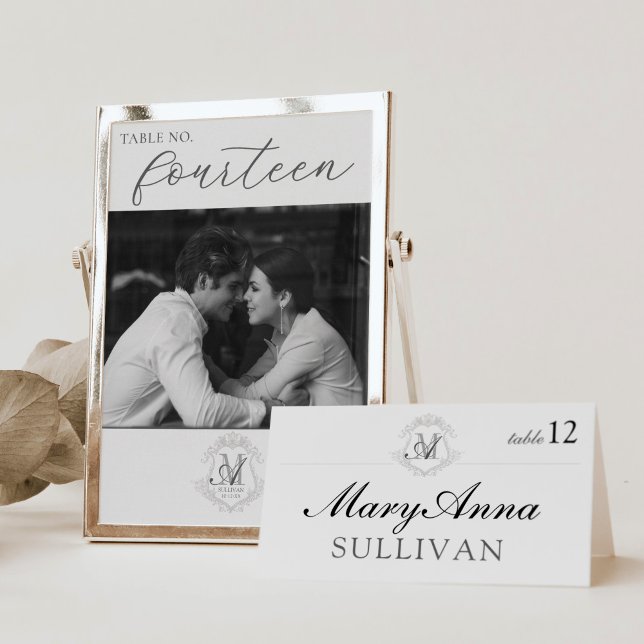 Vintage Monogram Crest Wedding Folded Place Card (Simple elegant modern classic black and white script vintage monogram crest wedding table place card)