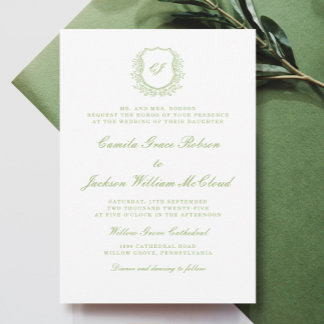 Vintage Monogram Crest White and Green Wedding  Invitation