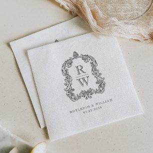 Vintage Monogram Crest White Charcoal Grey Wedding Napkin