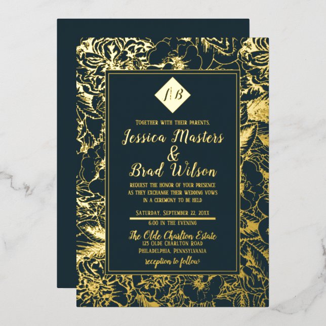 Vintage Monogram | Floral Wedding Dark Teal | Gold (Front/Back)