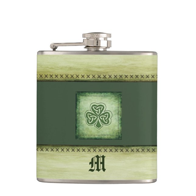 Vintage monogram grundge Irish shamrock Hip Flask (Front)