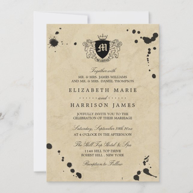 Vintage Monogram & Ink Stain Wedding Invitation (Front)