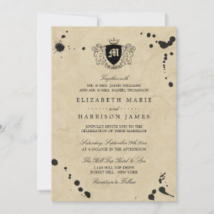 Vintage Monogram & Ink Stain Wedding Invitation