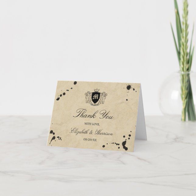 Vintage Monogram & Ink Stain Wedding Thank You Card (Front)