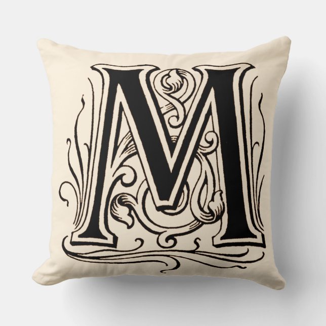 Vintage Monogram 'M' in Sepia Throw Pillow (Front)