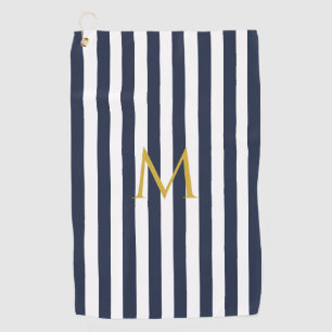 Vintage Monogram Navy Blue & White Stripes Striped Golf Towel