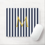 Vintage Monogram Navy Blue & White Stripes Striped Mouse Pad<br><div class="desc">Modern vintage striped design. Vertical stripes pattern design in chic french classic summer sailor navy blue and white colour.</div>