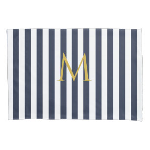 Vintage Monogram Navy Blue & White Stripes Striped Pillowcase