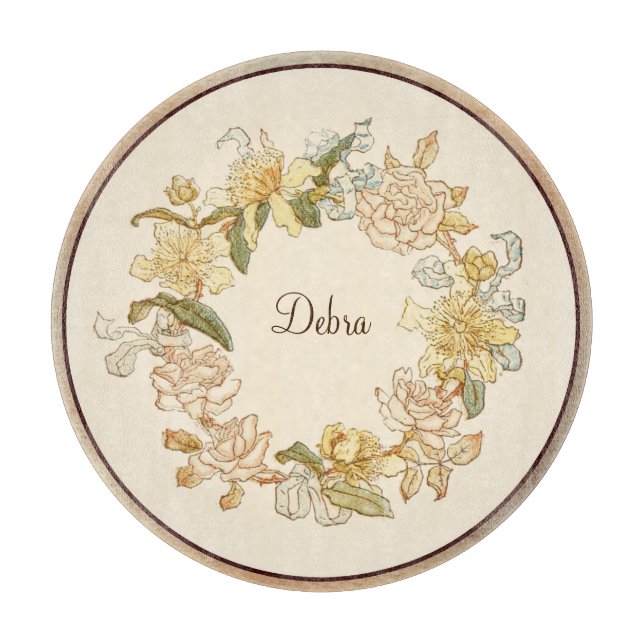Vintage Monogram Pink and Yellow Flowers Cutting Board (Front)