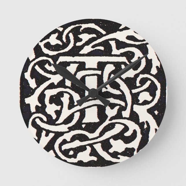 Vintage Monogram T Art Nouveau Letter Round Clock (Front)