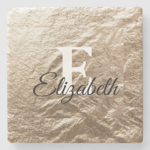 Vintage Monogram typography gold crumpled paper Stone Coaster