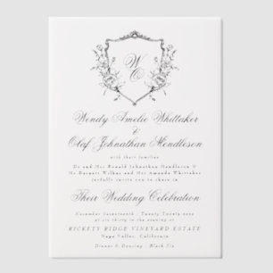 Vintage Monogram Wreath Black & White Wedding Vellum Invitations