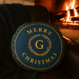 Vintage Monogram Wreath Blue Plaid Christmas Photo Round Pillow