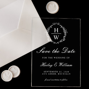 Vintage Monogram Wreath White Save the Date Acrylic Invitations