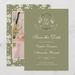 Vintage Monogrammed Sage Green Botanical Save The Date