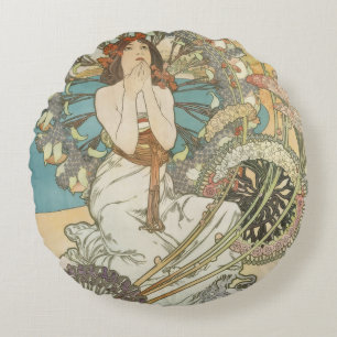 Vintage Mont-Carlo Poster by Alphonse Mucha Round Pillow