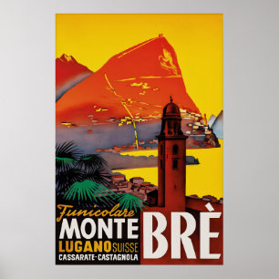 Vintage Monte Brè Lugano Switzerland Travel Poster