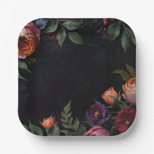 Vintage moody dark floral boho roses paper plate