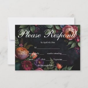 Vintage moody dark floral boho roses RSVP card