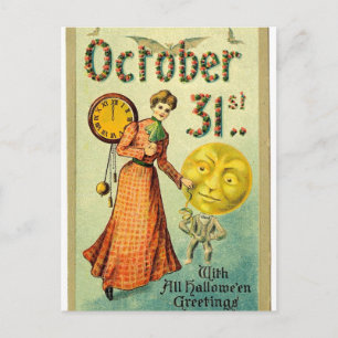 VIntage Moon Man Halloween Greetings Postcard