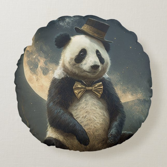 Vintage Moon Panda Round Pillow (Front)