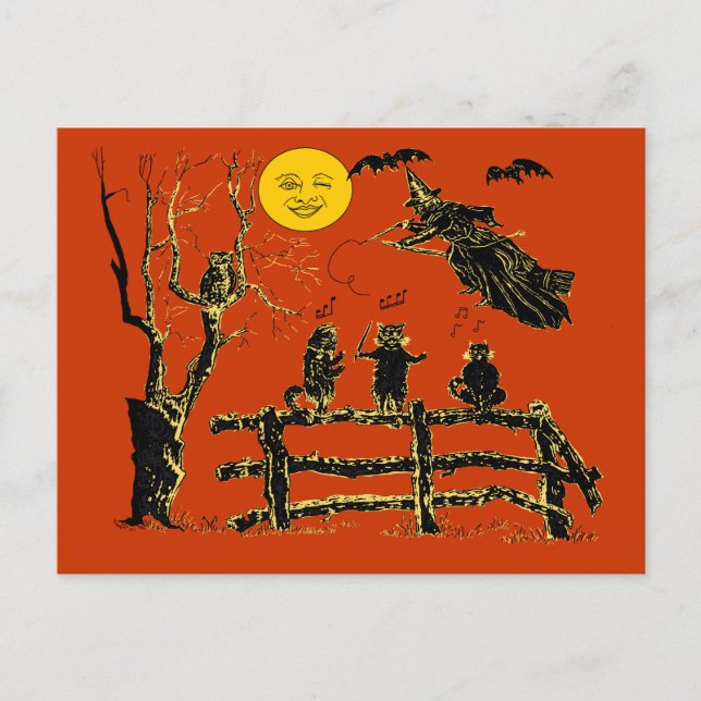 Vintage Moon Witch and Singing Cats Postcard (Front)