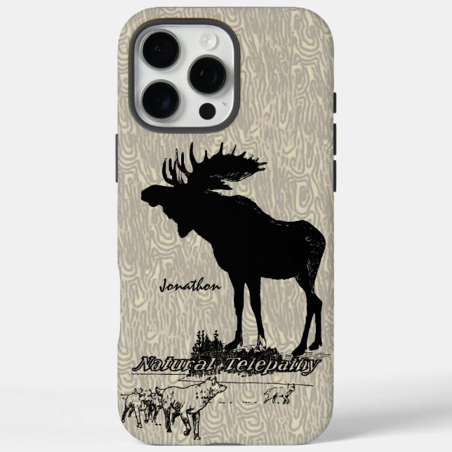 Vintage Moose and Wolf woodgrain iphone case (Back)