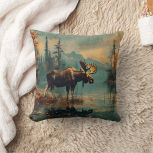 Vintage Moose Cabin Lake Autumn Foliage Throw Pillow
