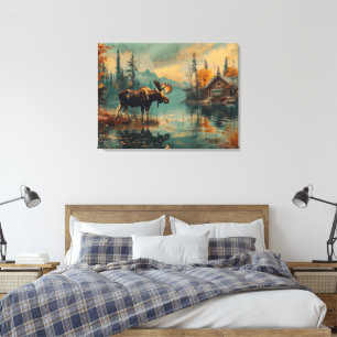 Vintage Moose Lake Cabin Autumn Foliage 32x24 Canvas Print
