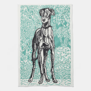 Vintage Moriz Jung Greyhound Art Teal Background Kitchen Towel